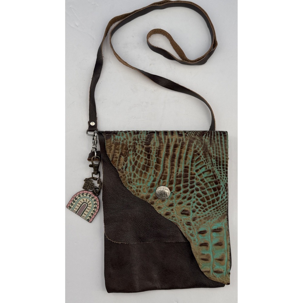 Leather Crossbody Bag Animal Print Turquoise Western Boho Buffalo Nickel Artisan